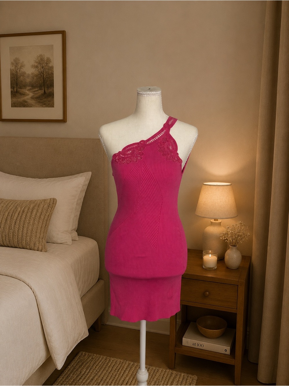 Self-Portrait Fuchsia One-Shoulder Crochet Knit Dress